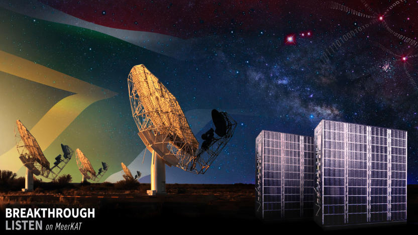 Artist’s impression of the MeerKAT telescope in South Africa, and the Breakthrough Listen compute cluster, scanning the sky for possible signals (represented as binary codes) from extraterrestrial intelligence. One of the first targets to be observed by the new instrument will be the Alpha Centauri system, represented as the three stars towards the top right of the image.