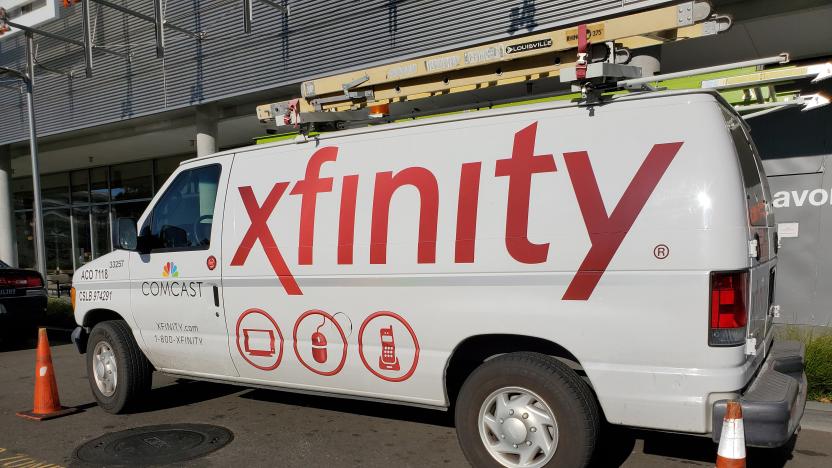 Side view of truck with logo for Xfinity, a division of internet service provider Comcast, San Ramon, California, February 25, 2020. (Photo by Smith Collection/Gado/Getty Images)