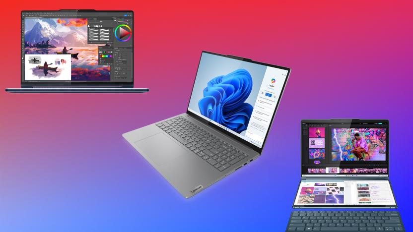 Three Lenovo laptops against a blue-purple background