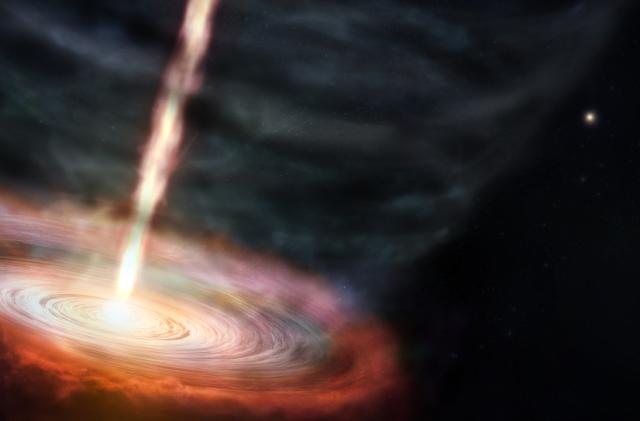 A reddish orange accretion disk with a bright yellow, narrow beam of energy blasting out at a 90 degree angle from its center. A Kamehameha of galactic proportions.  