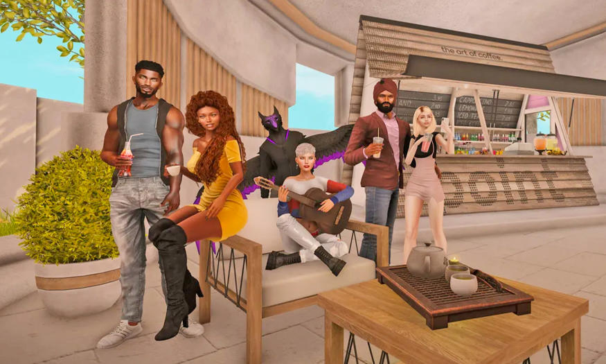 A still image for the 'Second Life' mobile app showing a group of hip young adults posing for the camera around a lounge chair and coffee table with a food/coffee/juice bar in the background.