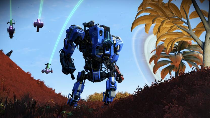 Screenshot from No Man's Sky featuring a blue mech standing on a lush planet with starships flying in the sky above.