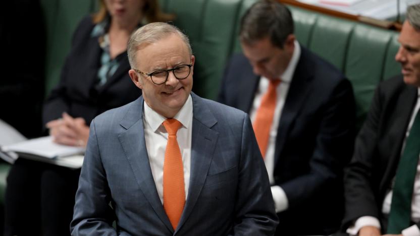 CANBERRA, AUSTRALIA - AUGUST 22: Prime Minister Anthony Albanese speaks at Question Time in the House of Representatives at Australian Parliament House on August 22, 2024 in Canberra, Australia. Pressure is building on the Albanese government on a number of fronts, but cost of living pressures are top among them and may prove to be a damaging political liability in the months ahead as Peter Dutton gets the opposition ready for next year's election season. (Photo by Tracey Nearmy/Getty Images)