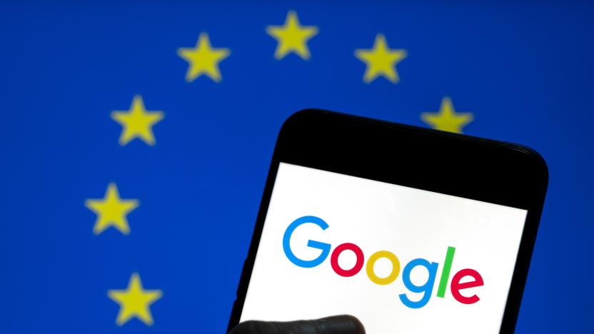 CHINA - 2021/04/08: In this photo illustration the American multinational technology company and search engine Google logo is seen on an Android mobile device screen with the European Union (EU) flag in the background. (Photo Illustration by Chukrut Budrul/SOPA Images/LightRocket via Getty Images)