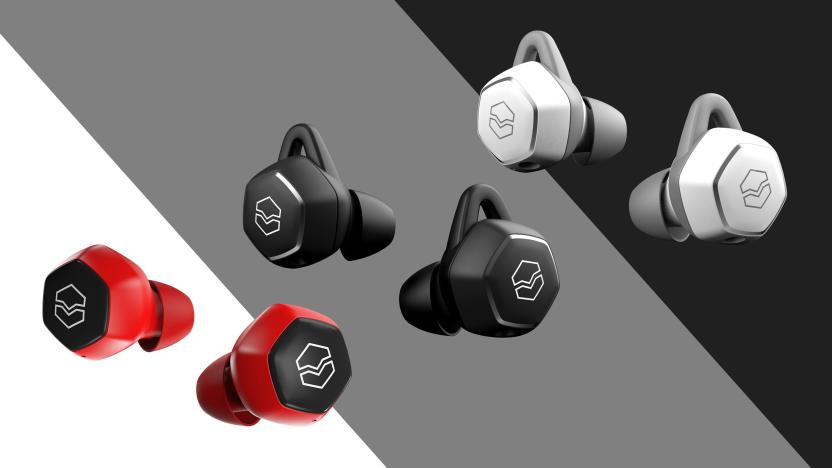V-Moda Hexamove Lite earbuds in red, black and white