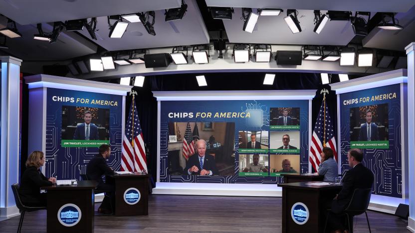 WASHINGTON, DC - JULY 25: U.S. President Joe Biden participates virtually in a meeting on the Creating Helpful Incentives to Produce Semiconductors (CHIPS) for America Act, in the South Court Auditorium at the White House on July 25, 2022 in Washington, DC. The meeting was held for President Biden to hear from CEOs and labor leaders on the way funding for production of computer chips would impact them. The meeting was also attended by U.S. Secretary of Commerce Gina Raimondo, U.S. Deputy Secretary of Defense Kathleen Hicks, Brian Deese, Director of the National Economic Council and National Security Advisor Jake Sullivan. (Photo by Anna Moneymaker/Getty Images)