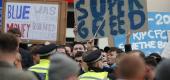 Chelsea fans protest against Chelsea's decision to be included among the clubs attempting to form a Super League. (AP)