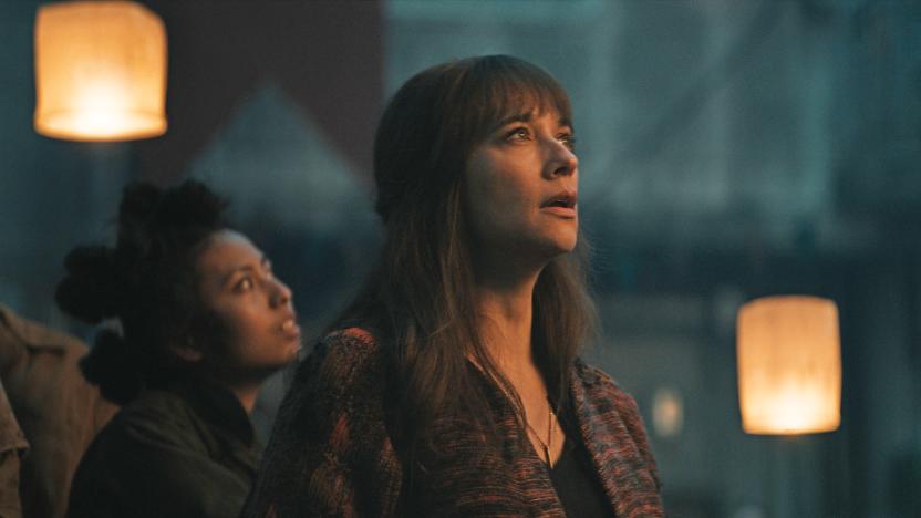 Still from the first episode of ‘Silo,’ a sci-fi series on Apple TV+. Rashida Jones stands aghast, looking at something.