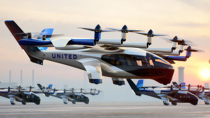 Rendering of a fleet of Archer Aviation Air Taxis (with United branding) taking off from Chicago’s O’Hare International Airport. We see one taxi taking off in the foreground with several others grounded behind it.