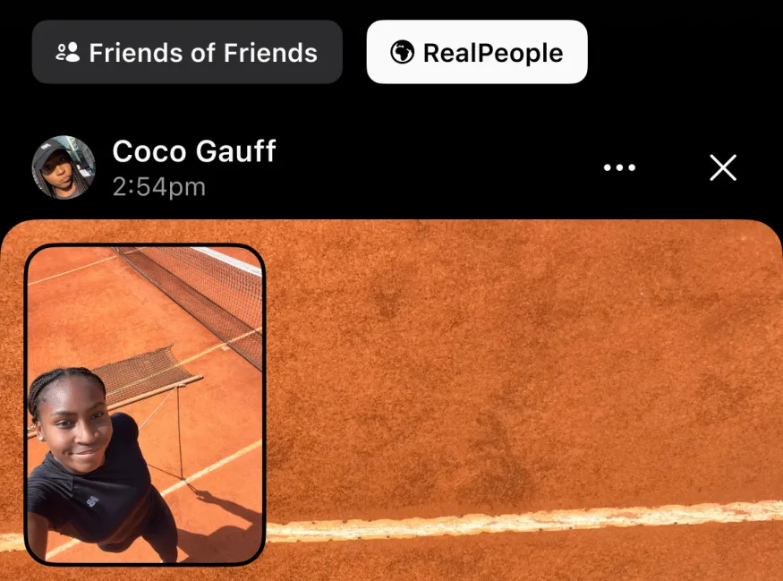 BeReal's RealPeople feed, featuring a post from Coco Gauff.