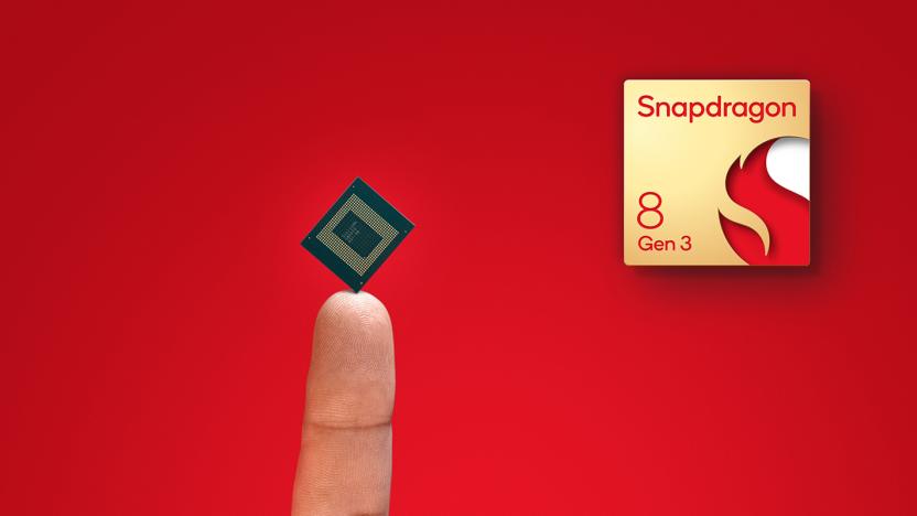 Qualcomm's Snapdragon 8 Gen 3 chipset balanced on a fingertip