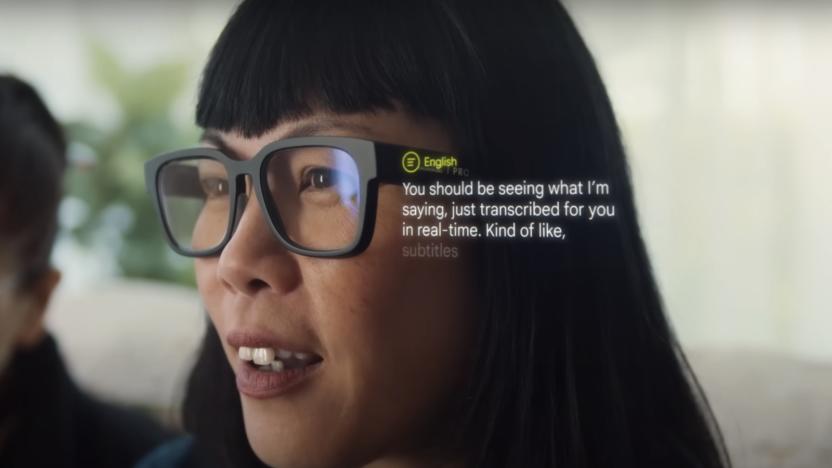 A person wearing eyeglasses with translation features.