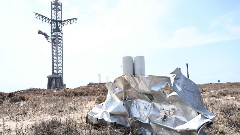 Debris litters the ground on April 22, 2023, after the SpaceX Starship liftedoff on April 20 for a flight test from Starbase in Boca Chica, Texas. - The rocket successfully blasted and the Starship capsule had been scheduled to separate from the first-stage rocket booster three minutes into the flight but separation failed to occur and the rocket blew up. 