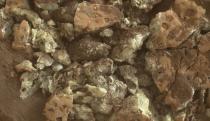 A closeup image of sulfur crystals observed by the Curiosity rover on Mars