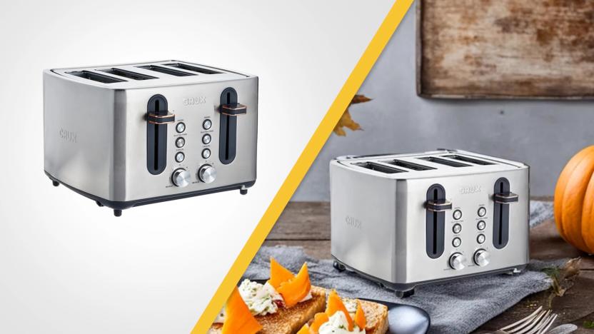 Split-screen marketing image from Amazon. Left: a silver toaster in front of a grayish-white background. Right: The same toaster in a (AI-generated) autumn scene on a table with pumpkins, leaves and a strange fork.