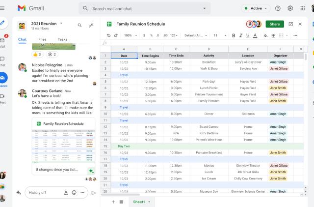 An image showing Spaces in Google Chat. A column takes up the left third of the screen, showing a conversation between teammates. The remaining two thirds of the screen shows a Google spreadsheet titled Family Reunion Schedule.