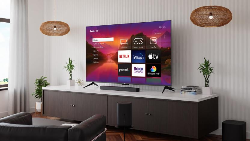 Roku Plus TV in a living room on a console table.