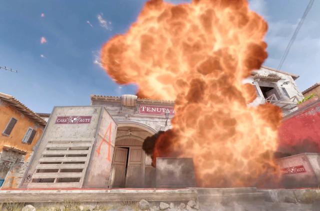 Screenshot from the game Counter-Strike 2, featuring an exploding building.
