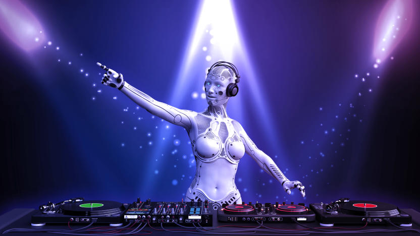 DJ android, disc jockey robot pointing and playing music on turntables, cyborg on stage with deejay audio equipment, 3D rendering