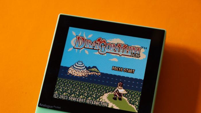 An Analogue Pocket gaming handheld displaying the Dragonyhm title screen.