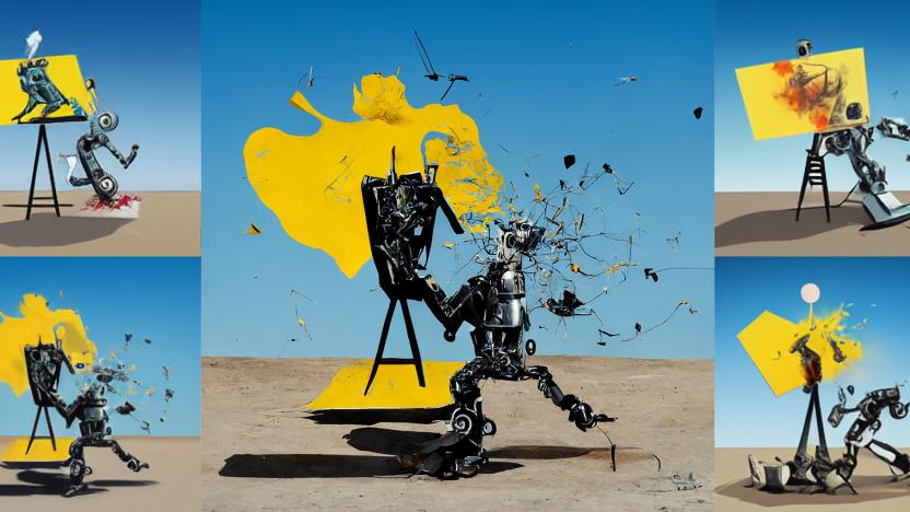 Image of a robot destroying a canvas, and itself. Samples generated by the Midjourney GAI.