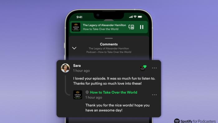 Computer generated image of a phone showing a Spotify comment.