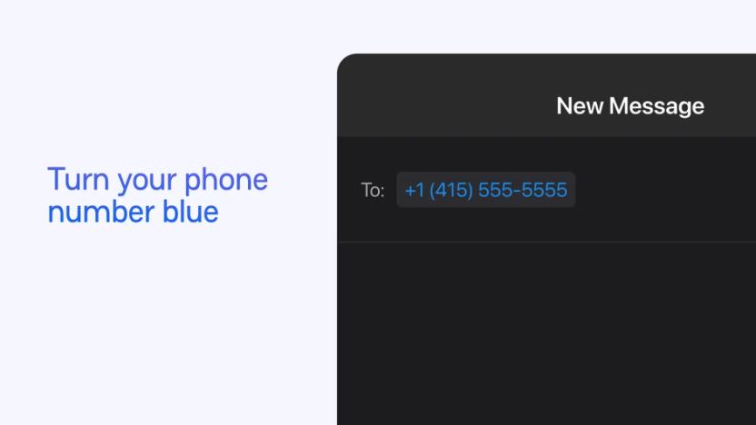 Screens showing iMessage integration on Android through the Beeper Mini app. Split screen: "Turn your phone number blue" on the left, and a new iMessage screenshot on the right.