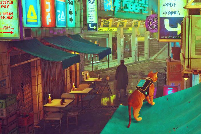 A screenshot from the video game 'Stray' showing a cat on an awning in a cyberpunk neon-lit alley.