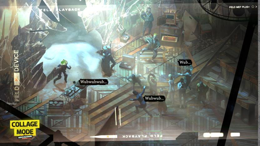 A screenshot of Disco Elysium's new Collage Mode, showing off a dubstep party. 