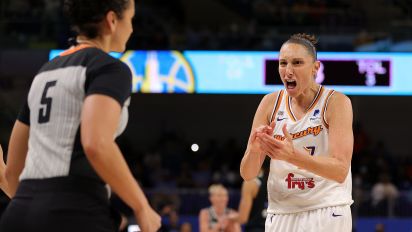 Getty Images - CHICAGO, ILLINOIS - OCTOBER 17: Diana Taurasi #3 of the Phoenix Mercury reacts to an officials call during the first half of Game Four of the WNBA Finals against the Chicago Sky at Wintrust Arena on October 17, 2021 in Chicago, Illinois. NOTE TO USER: User expressly acknowledges and agrees that, by downloading and or using this photograph, User is consenting to the terms and conditions of the Getty Images License Agreement. (Photo by Stacy Revere/Getty Images)