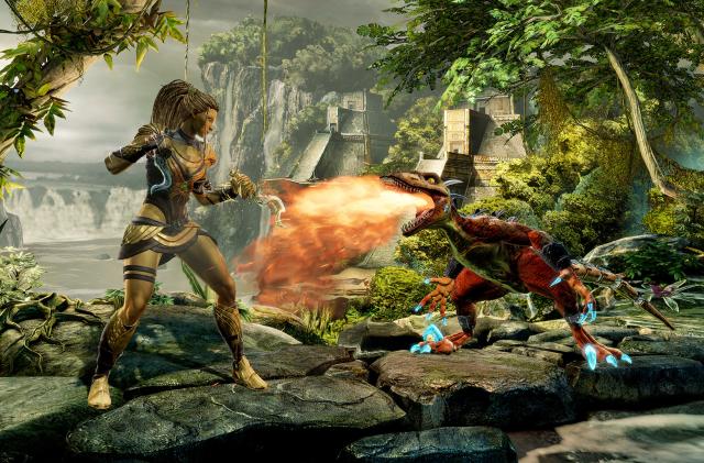 A human character faces off against a fire-breathing dinosaur in Killer Instinct.