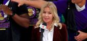 Jeanie Buss speaks after the Los Angeles Lakers win the 2020 NBA Championship. (Getty Images)