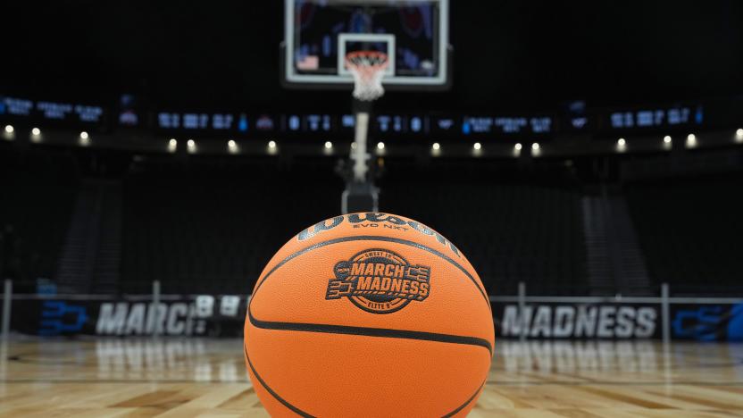 Mar 27, 2023; Seattle, WA, USA; A general overall view of a Wilson official basketball with Elite 8 and Sweet 16 March Madness logo at Climate Pledge Arena. Mandatory Credit: Kirby Lee-USA TODAY Sports