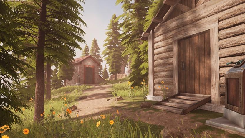 Myst iOS screenshot showing a forested location with two log cabins and wild flowers. 