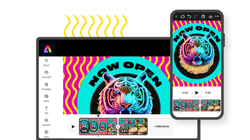 Image of a laptop and smartphone, showing Adobe Express generative AI features being used to create a video including an image reading "Now Open."
.