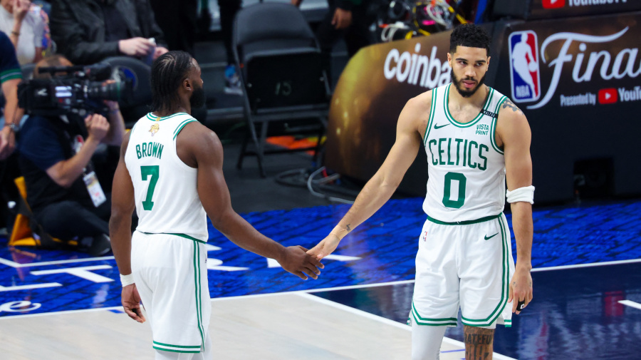 Reuters - Jun 14, 2024; Dallas, Texas, USA; Boston Celtics forward Jayson Tatum (0) and Boston Celtics guard Jaylen Brown (7) react during the game during game four of the 2024 NBA Finals at American Airlines Center. Mandatory Credit: Kevin Jairaj-USA TODAY Sports