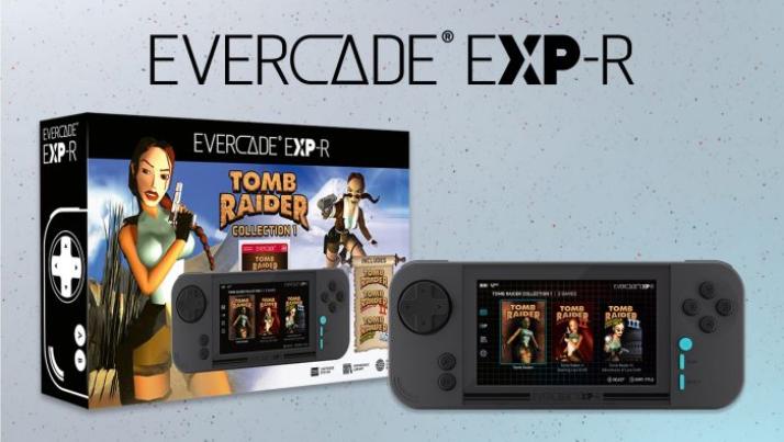 Evercade EXP-R handheld console and Tomb-Raider-themed box