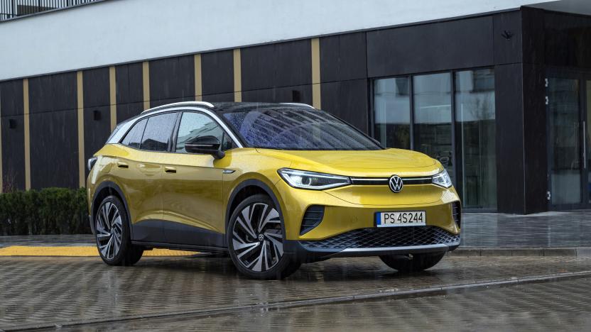 Berlin, Germany - 14th April 2021: Electric car Volkswagen ID.4 on a street. This model is the second mass-produced electric car from Volkswagen.