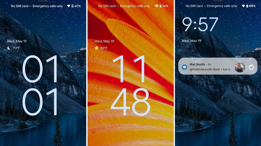 Android 12 beta lock screens. A composite of three screenshots showing the new Android 12 lock screen with a mostly blue wallpaper on the left, a mostly orange wallpaper in the middle and one with notifications on the blue background on the right. The clock takes up the middle of the screen on the first two screenshots, while it sits on the top left of the rightmost screenshot.