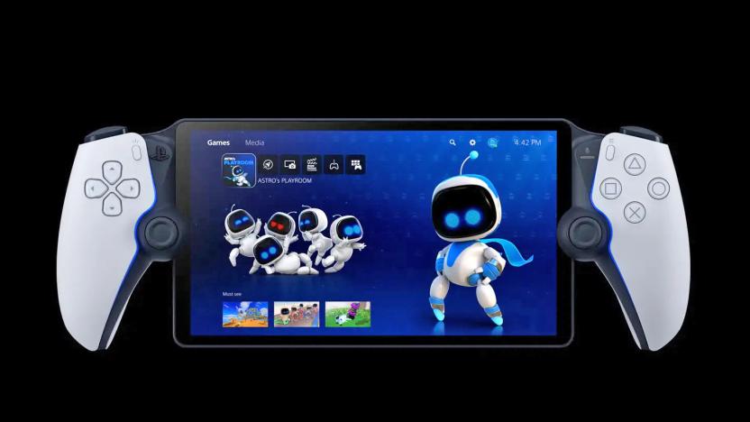 Sony's PlayStation Portal remote player handheld device, showing PlayStation 5 menu screen and a cute robot character named Astro.