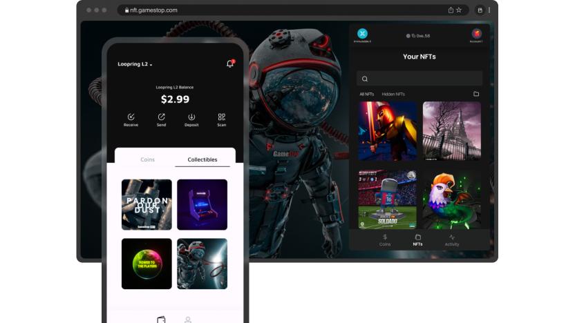 Promotional image for GameStop Wallet. A phone (left) in the foreground shows the mobile app ($2.99 available) and stored digital collectibles. A desktop browser extension sits in the background, showing "Your NFTs."