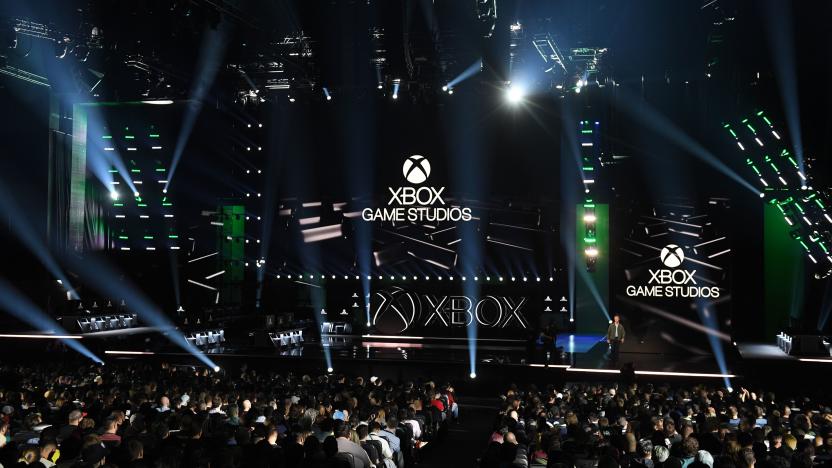 The crowd and stage for Microsoft Xbox at their press event ahead of the E3 gaming convention in Los Angeles on June 9, 2019. (Photo by Mark RALSTON / AFP)        (Photo credit should read MARK RALSTON/AFP via Getty Images)