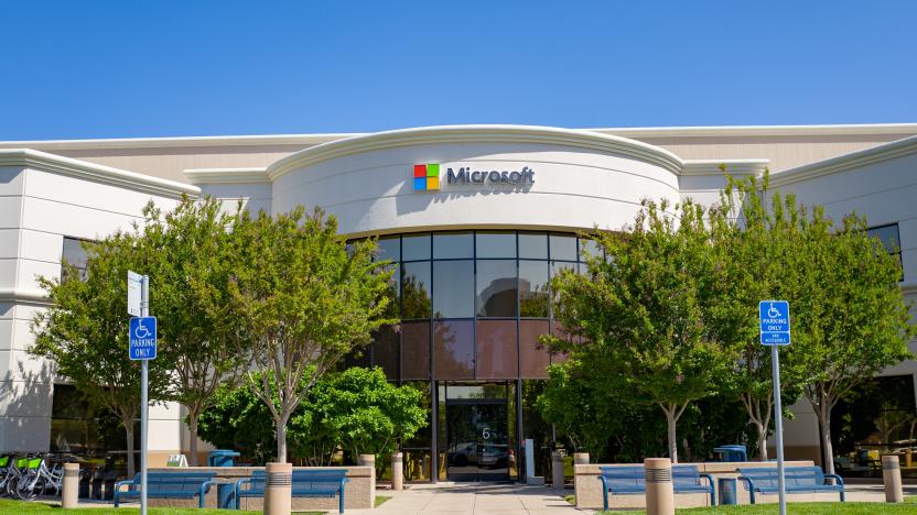 Facade with sign and logo at regional headquarters of computing company Microsoft in the Silicon Valley, Mountain View, California, May 3, 2019. (Photo by Smith Collection/Gado/Getty Images)