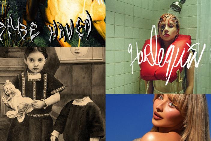 Album covers for Babe Haven's Nuisance, The Jesus Lizard's Rack, Lady Gaga's Harlequin and Sabrina Carpenter's Short n Sweet in a collage