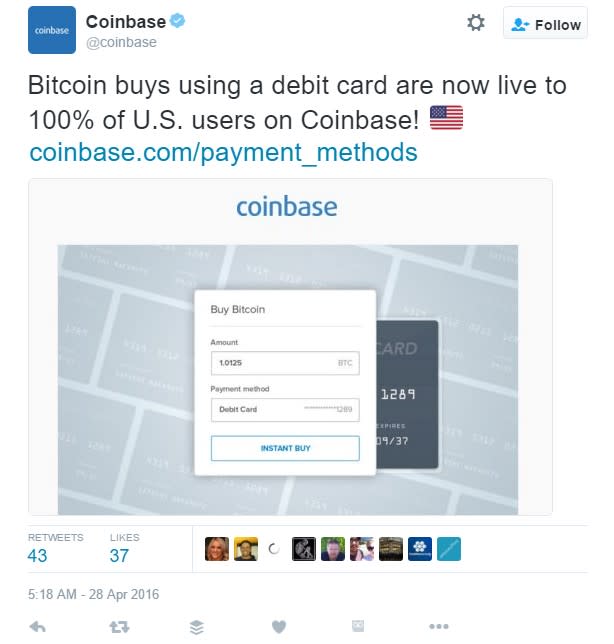 Coinbase Users In The Us Can Now Buy Bitcoin With Debit Cards - 