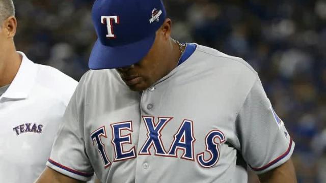 Adrian Beltre goes to one knee after being fooled by 61 mph eephus