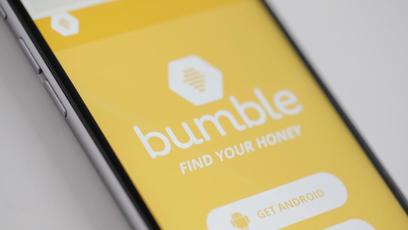 The Bumble app is seen on an iPhone on 16 March, 2017. The app is resembles Tindr in that it let's heterosexuals find each other however Bumble only lets female users start a conversation after interested parties have made a match. (Photo by Jaap Arriens/NurPhoto via Getty Images)