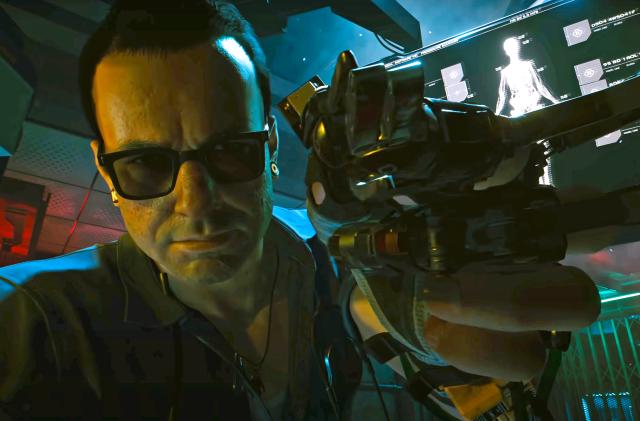 A closeup shot of Viktor Vektor in the video game Cyberpunk 2077, seemingly as he hovers over your own POV to do some cyber upgrades on you.