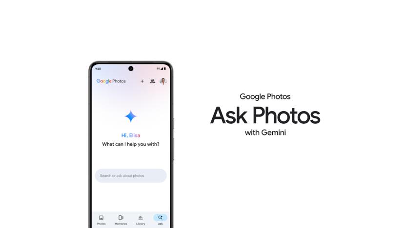 A graphic showing a phone with the Gemini star icon and the words "Hi Elisa, What can I help you with?" To the right of the phone are the words "Google Photos" on top of a larger pair of words "Ask Photos" and "with Gemini" in smaller font below it.