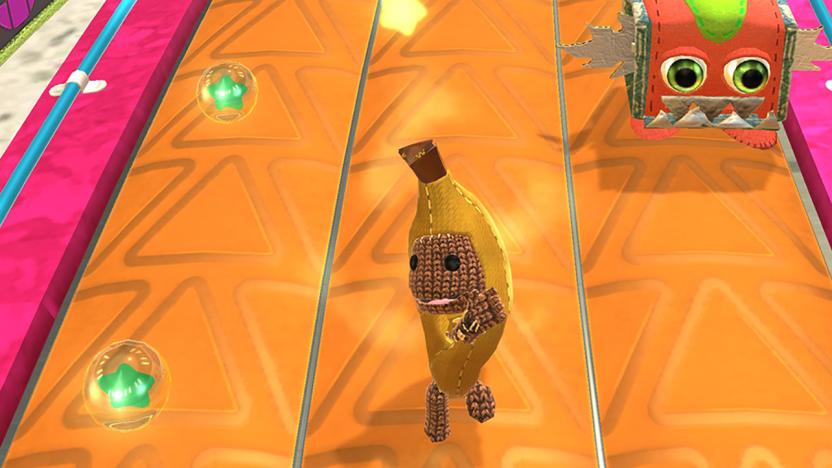 Gameplay still from the upcoming 'Ultimate Sackboy,' featuring the mascot in a banana suit waving at the camera.